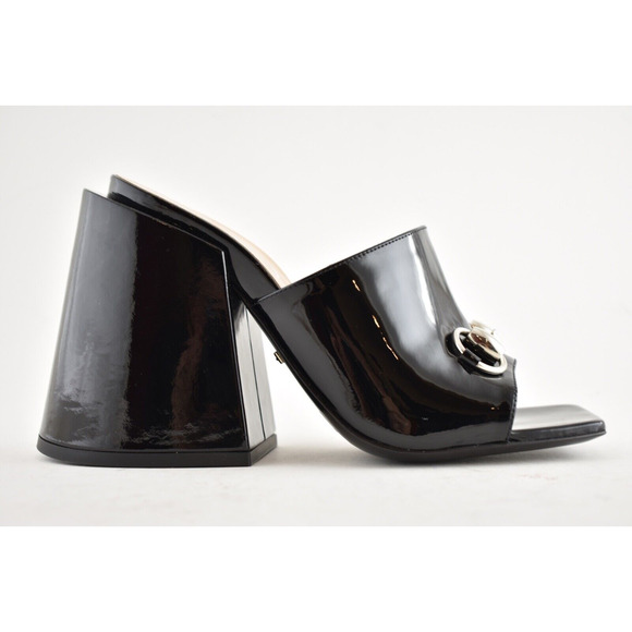 Gucci Lexi 105 Black Patent Horsebit Backless Sandal Mule Block Heel Pump 35 - Picture 3 of 12
